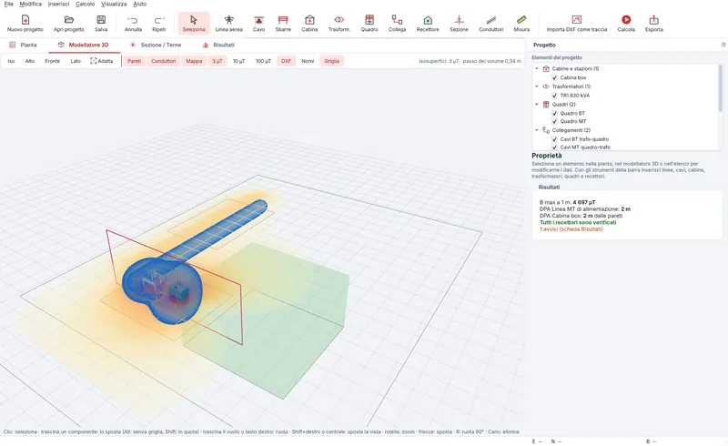 CEMCalc: modellatore 3D di una cabina con l'isosuperficie a 3 microtesla
