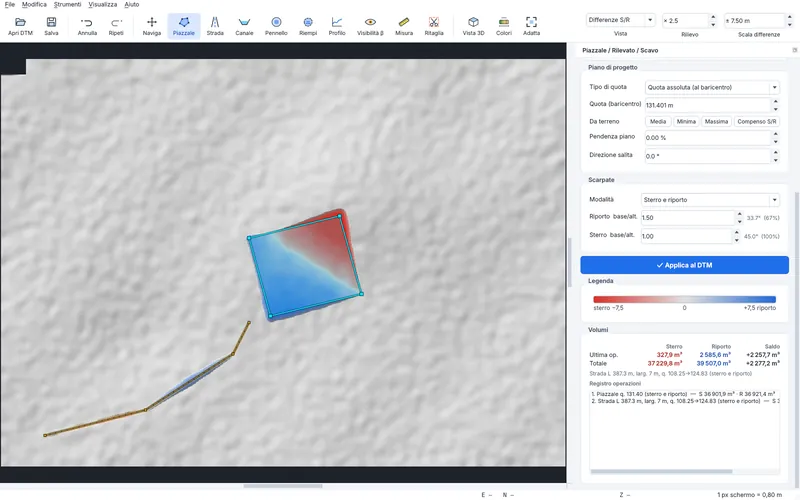 DTM Editor: vista delle differenze con sterri in rosso e riporti in blu